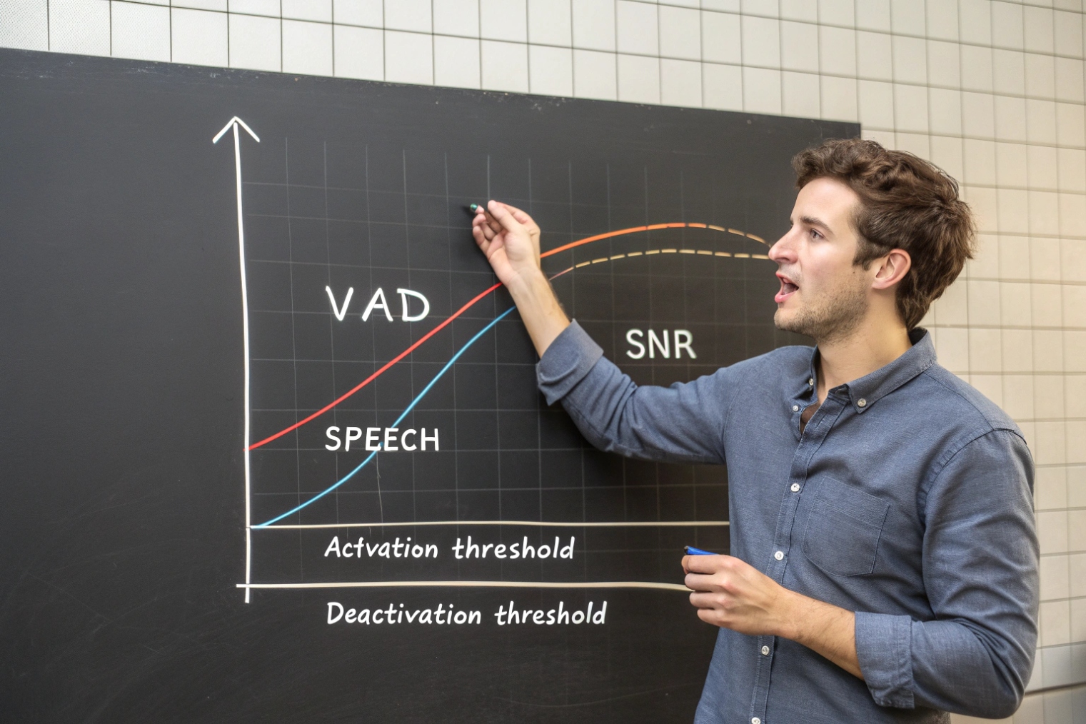Engineer explaining VAD speech and SNR curves on classroom chalkboard