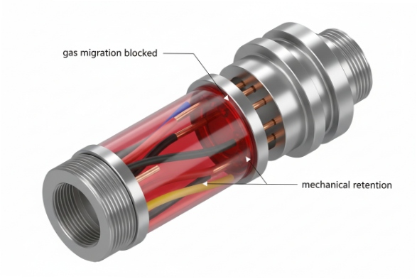 Cutaway barrier cable gland showing potting compound blocking gas migration
