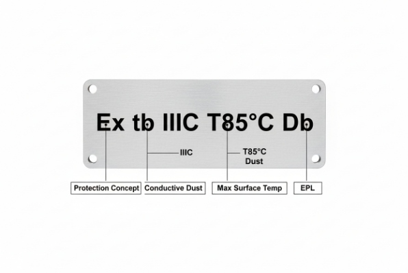 Ex tb IIIC T85°C Db nameplate breakdown showing dust protection concept and surface temperature