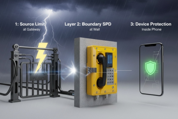 Three-layer surge protection concept for analog phone: source limit, SPD, device protection