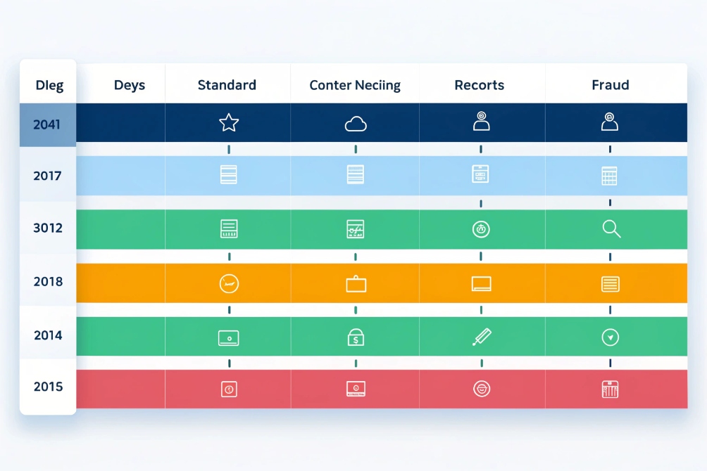 Flat, colorful summary matrix table with rows of years and columns such as Standard, Records, and Fraud, using icons and bands of color to show features or analytics capabilities.