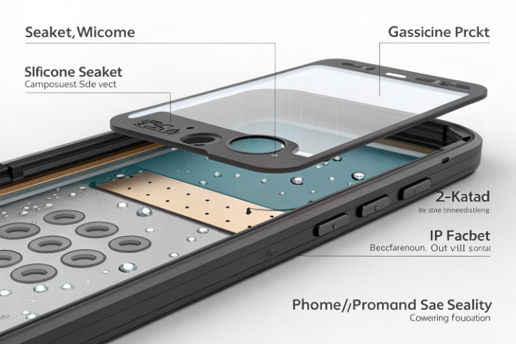Exploded view of rugged phone showing gasket, sealing layers, and internal components