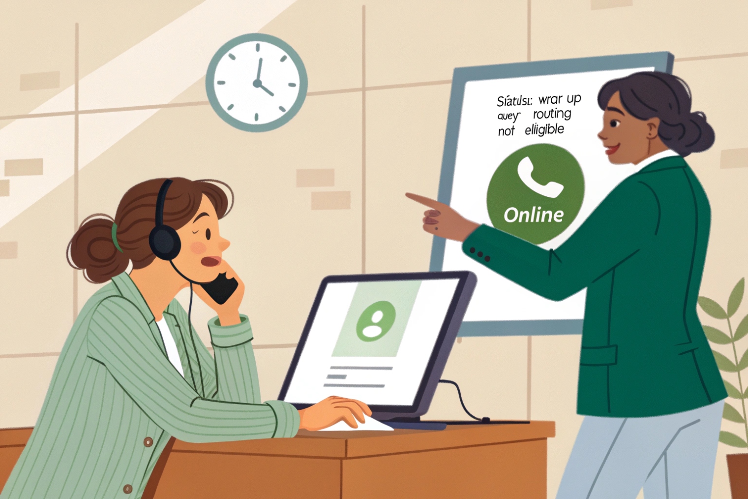 Illustrated call center agent wearing a headset at a desk on the phone while a colleague points to a status board with a green phone icon labeled Online and explanatory status text beside it