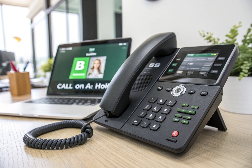 IP desk phone next to laptop showing BLF presence and call on hold for user B