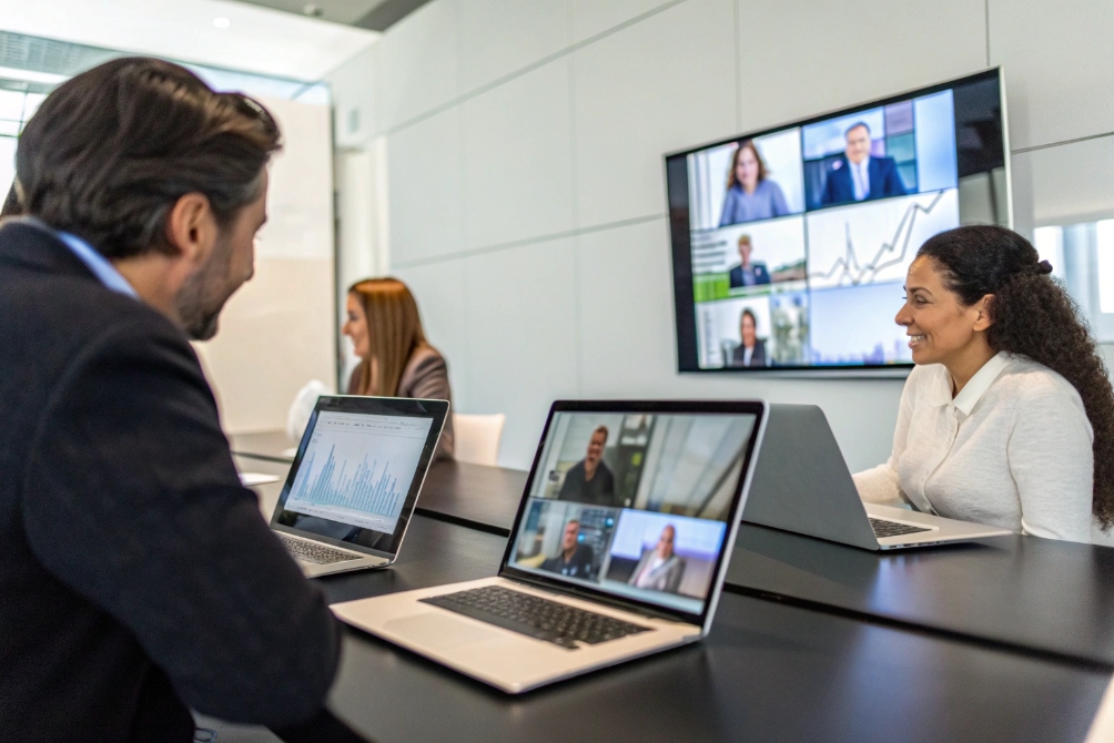 Business meeting with video calls and data analysis