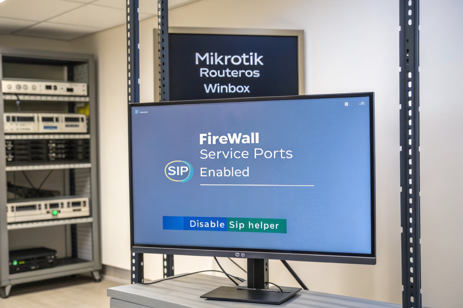 Network lab with racks of equipment in the background and a large monitor in front displaying “Firewall Service Ports – SIP – Enabled” with a blue button labeled “Disable SIP helper,” demonstrating turning off SIP helper on a Mikrotik RouterOS firewall