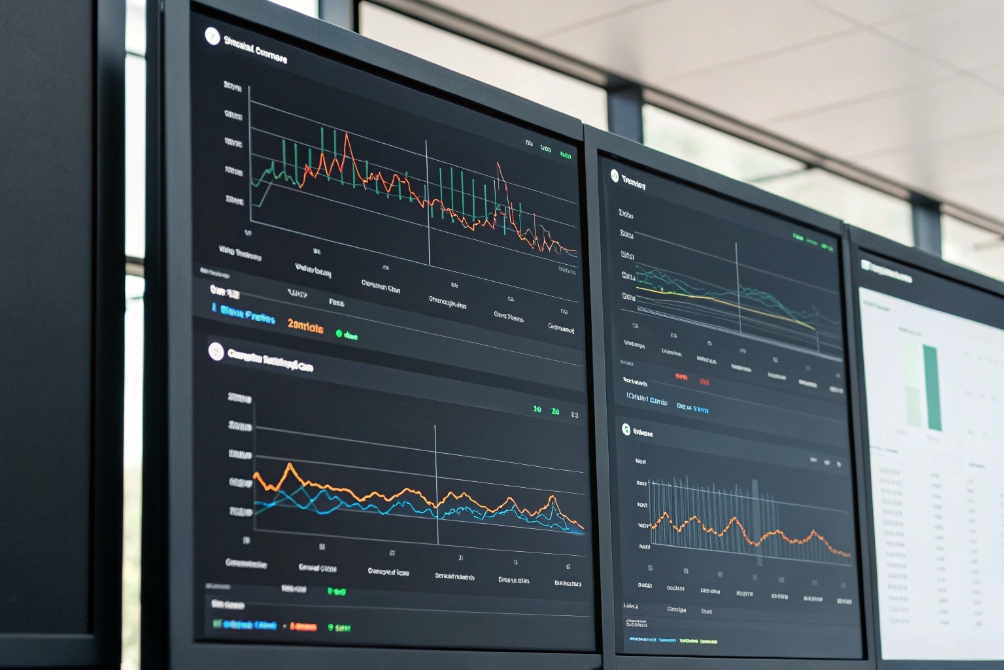 Operations center wall screens displaying real time VoIP analytics graphs