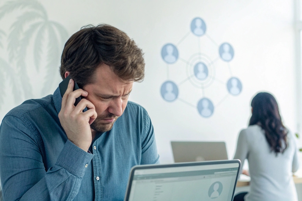 Stressed office worker on phone troubleshooting communication problem at laptop