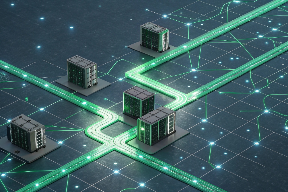 Data centers connected by high speed green IP network backbone visualization