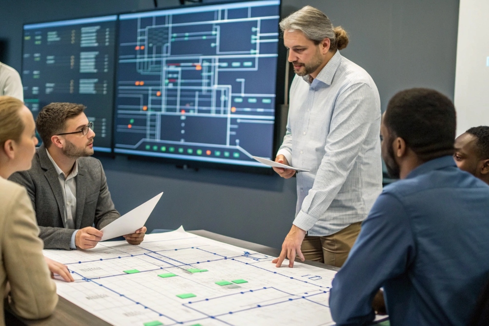 Meeting room with data planning and network discussion