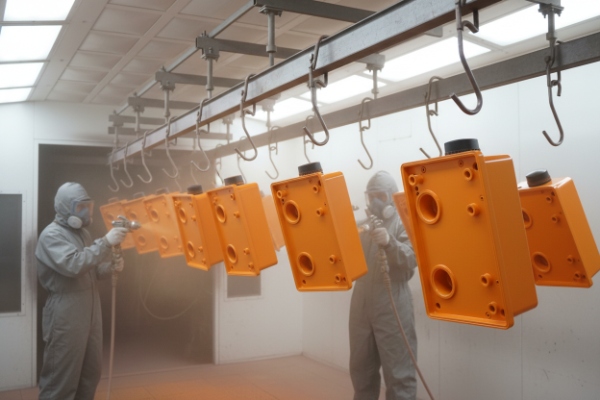Powder coating line spraying orange phone housings hanging on hooks in paint booth