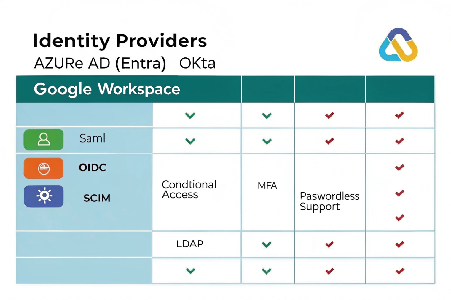Comparison table of identity providers such as Google Workspace, Azure AD and Okta, listing support for SAML, OIDC, SCIM, LDAP, conditional access, MFA and passwordless login