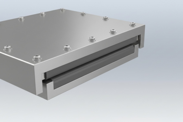 3D model of metal enclosure featuring recessed channel for waterproof gasket sealing