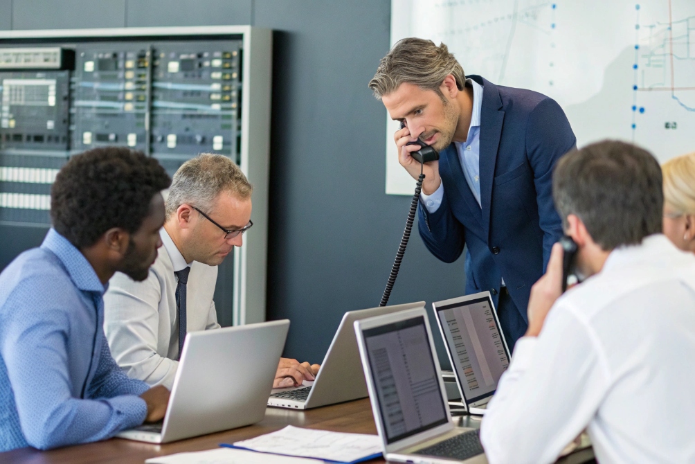 Team working in office discussing data and using phones