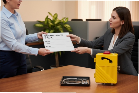 Team exchanges compliance pack for RoHS ATEX IECEx certified explosion-proof SIP phone