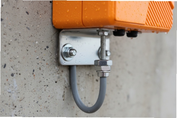 Close-up of mounting bracket and sealed conduit under orange emergency phone
