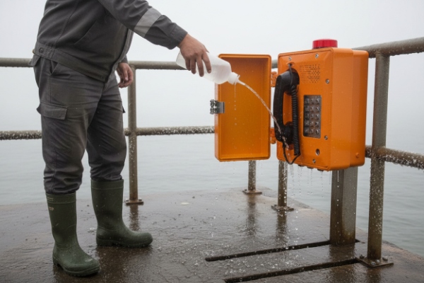 Water pour test on orange industrial SIP emergency phone mounted on offshore platform