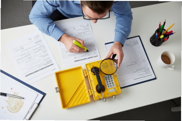 Compliance auditor reviews ATEX documents beside explosion-proof SIP emergency phone