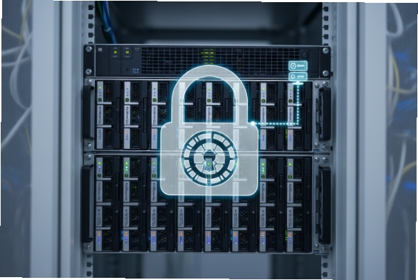 Locked data storage rack symbolizing encrypted VoIP recordings and secure access control