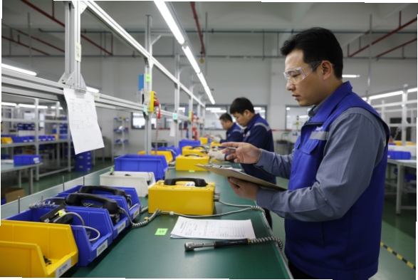 Factory quality inspector checks explosion-proof SIP phones on assembly line