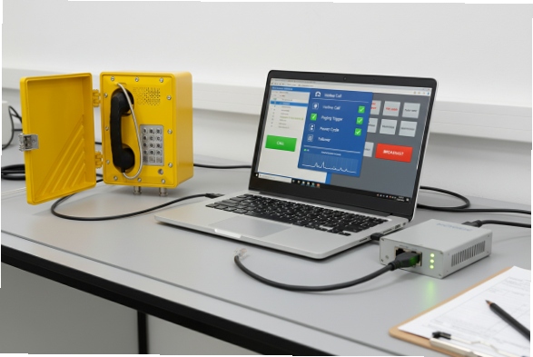 Explosion-proof SIP phone connected to laptop for configuration and functional testing