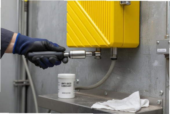 Technician torquing cable gland on yellow hazardous-area phone using anti-seize lubricant