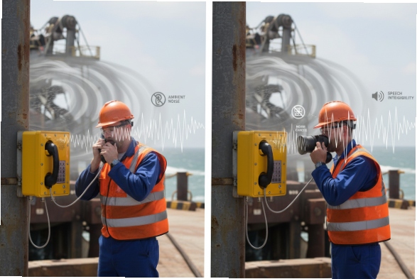 Port worker uses rugged SIP phone illustrating ambient noise reduction and speech clarity