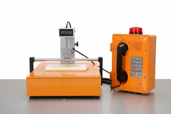 Abrasion tester running on orange enclosure beside rugged SIP emergency phone