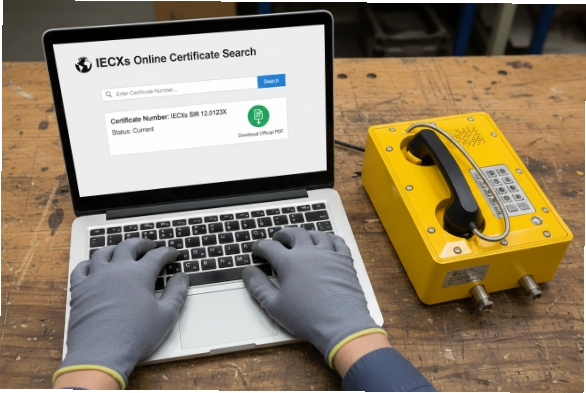 Checking IECEx online certificate for explosion-proof SIP phone on laptop at workbench