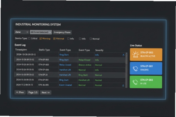 Industrial monitoring dashboard showing event logs and live status for emergency phones
