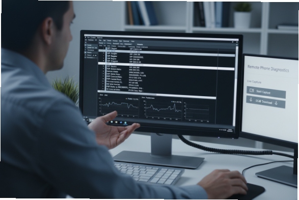 Engineer performing remote SIP phone diagnostics with logs and performance graphs on dual monitors