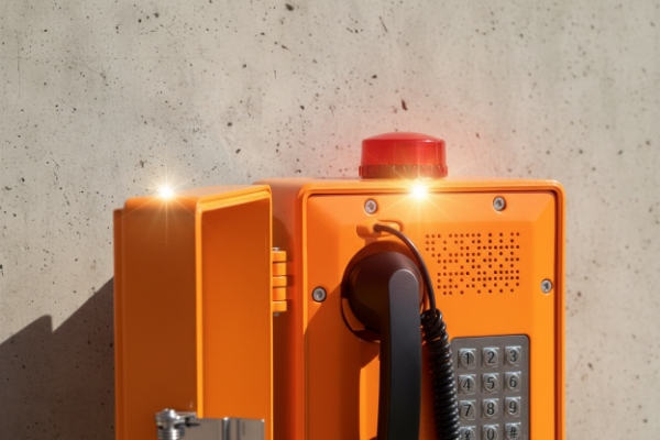 Close-up of orange emergency phone keypad and handset with red strobe beacon