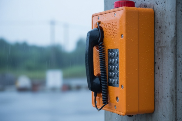 Weatherproof orange SIP handset phone installed on pole during rainfall for site safety