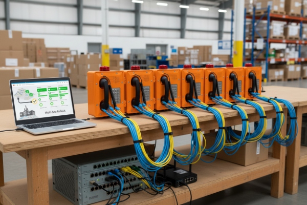 Batch testing multiple SIP emergency phones with laptop and switch during production QA