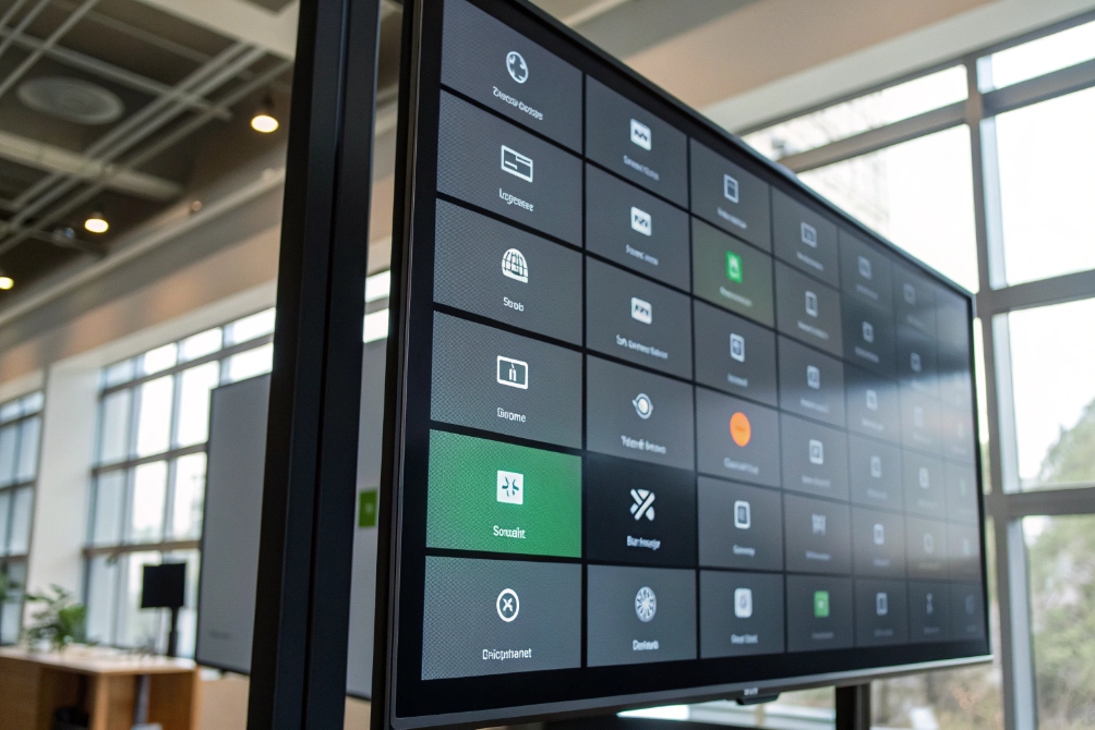 Large digital signage screen with app tiles in modern office lobby