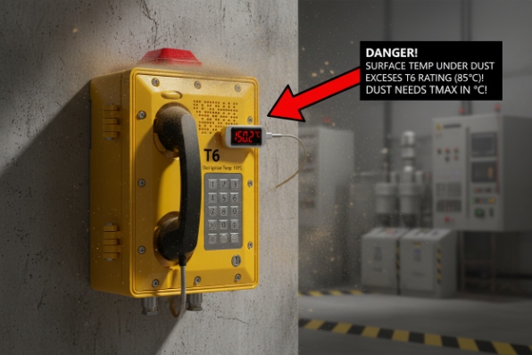 Warning about surface temperature exceeding T6 limit on explosion-proof phone under dust conditions