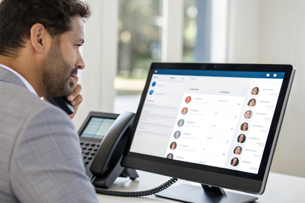 Businessman on IP desk phone using unified communication contact list on monitor