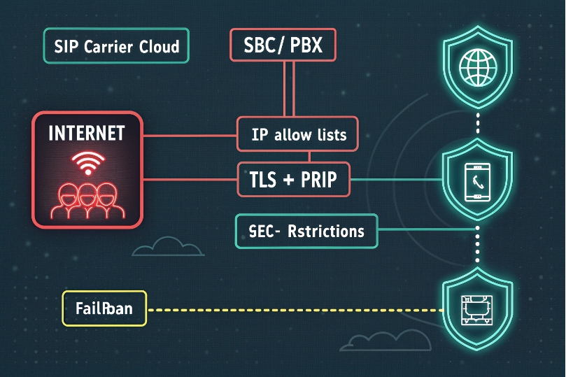 Network security diagram for SIP carrier cloud with SBC/PBX, IP allow lists, TLS, and fraud protection