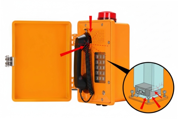 Open SIP emergency phone with callout arrows highlighting anti-vandal handset hook and mount