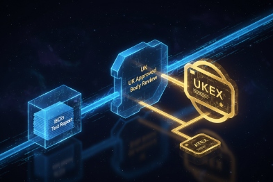 Digital workflow showing IECEx test report feeding UK approved body review for UKEX certification