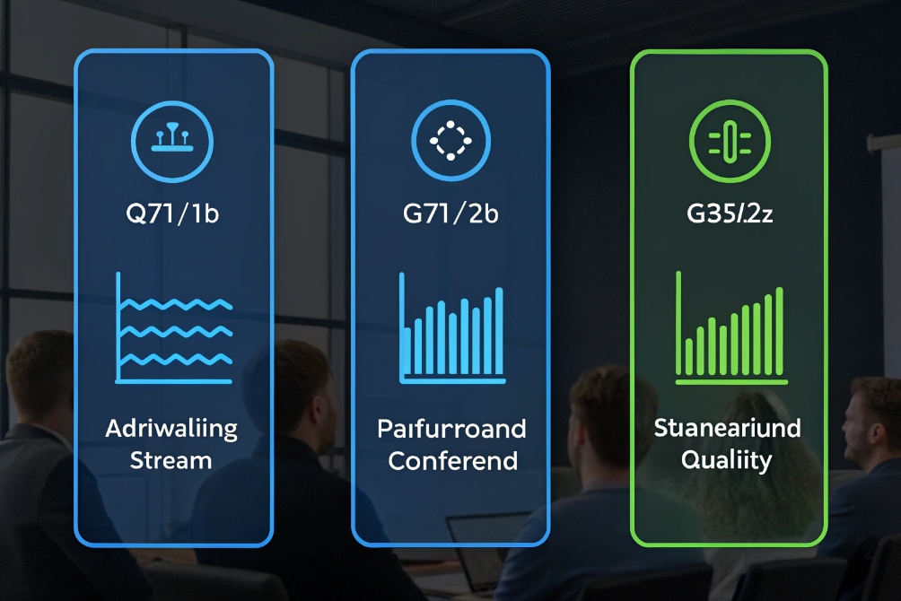 Quality metrics Business team reviewing telecom performance metrics and quality charts on presentation screen