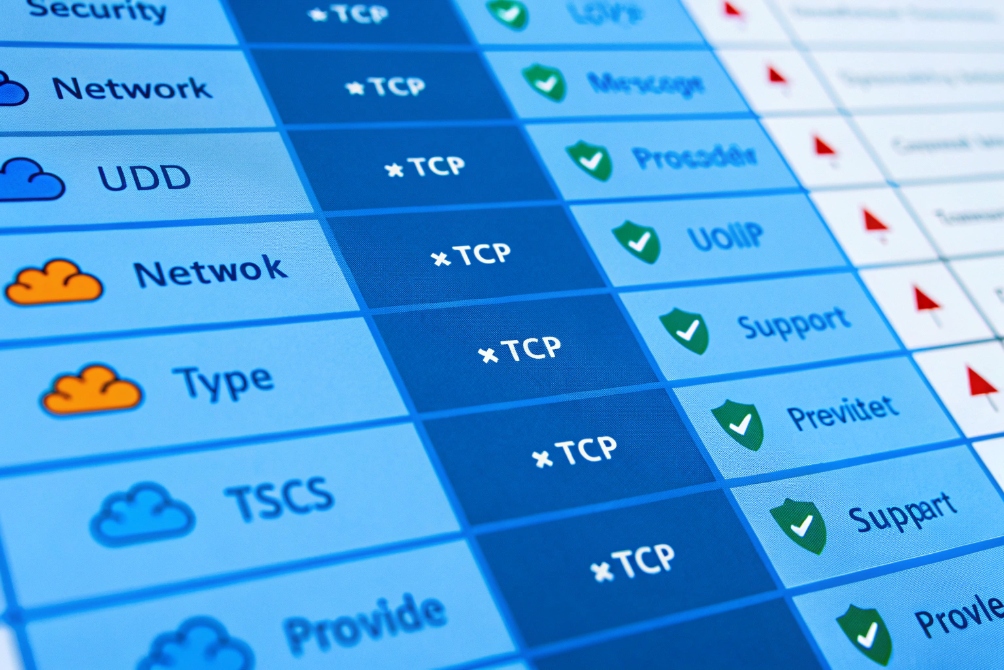Close-up of a colorful feature comparison table with rows like Security, Network, UDD, Netwok, Type, and TSCS, showing “×TCP” labels, check marks, and trend arrows for each category.
