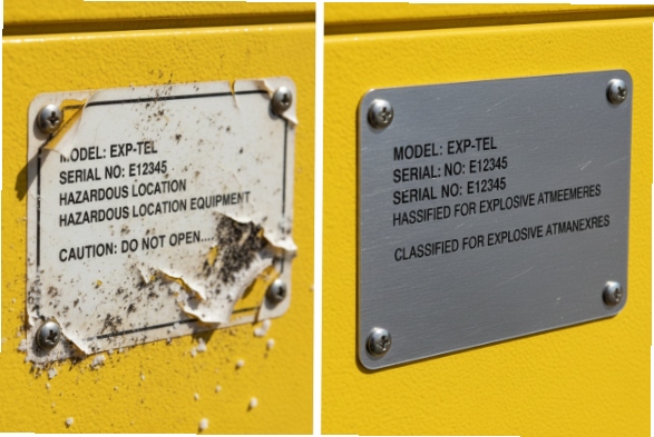 Corroded hazardous-location nameplate compared with new stainless equipment label