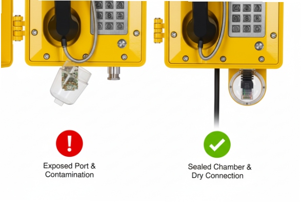 Cable entry sealing comparison showing exposed port contamination versus sealed dry connection