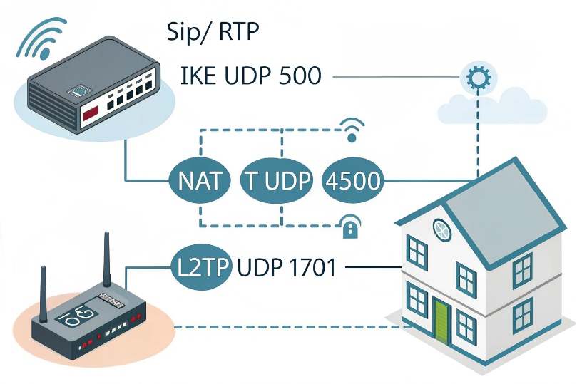 L2TP IPsec home network diagram showing SIP RTP traffic and UDP tunnel ports