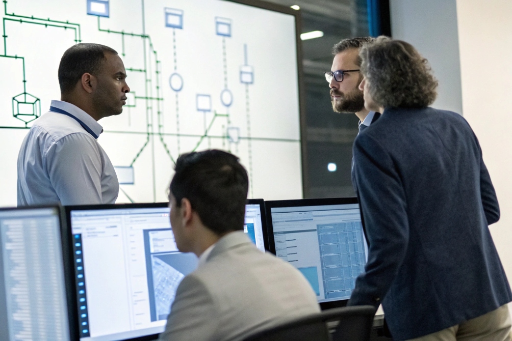 Business professionals discussing in front of a data screen