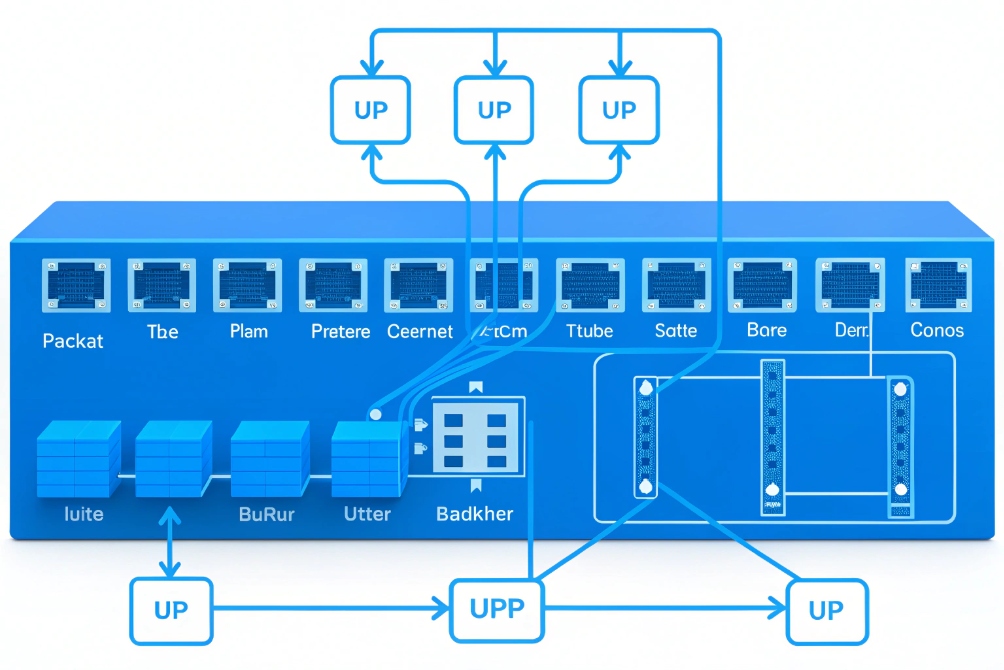 Illustrated blue network appliance with multiple Ethernet ports and internal modules, overlaid with arrows and boxes labeled “UP” and “UPP” to visualize packet and port flows.