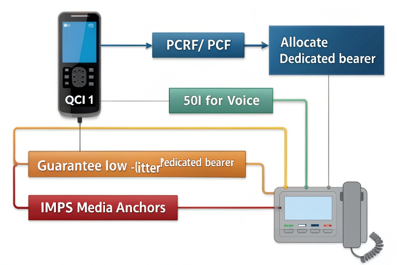VoLTE QoS flow showing QCI1 mobile, PCRF, dedicated bearer and low-jitter voice path