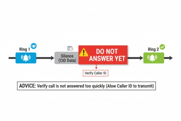 Caller ID timing diagram advising wait before answering to receive CID data