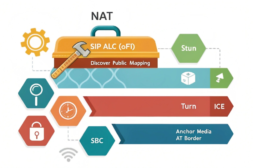 Illustration of NAT traversal toolbox including SIP ALG (off), STUN, TURN, ICE, and SBC anchoring media at the border